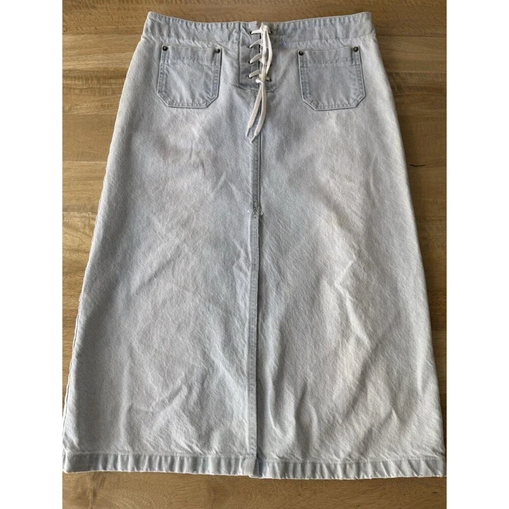KORS by Michael Kors Light Blue Denim Midi Skirt with Lace-Up Detail Sz 8